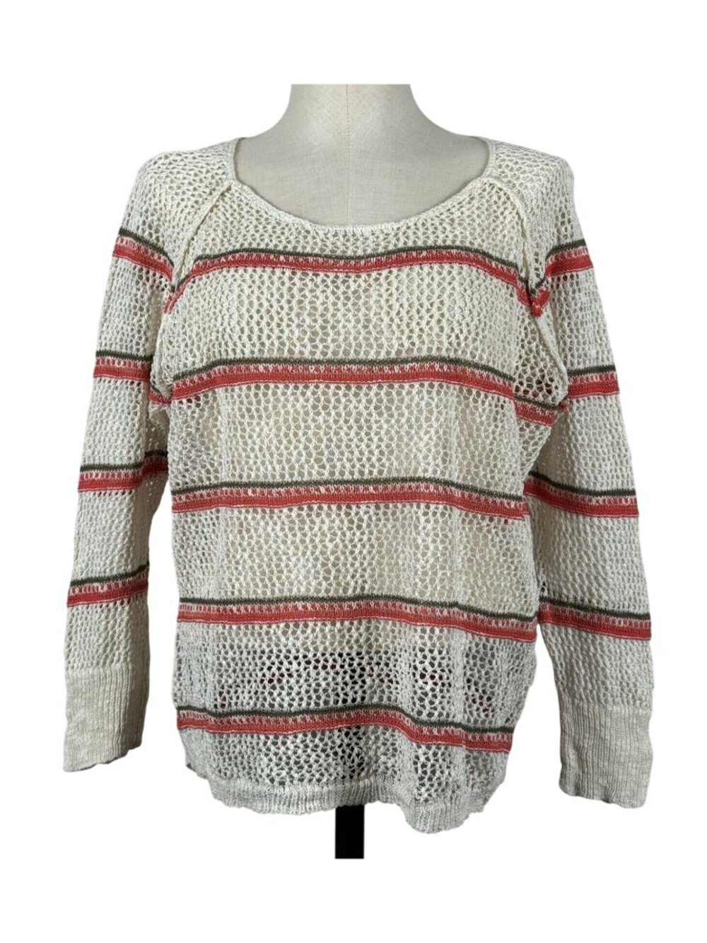 Maurices Open Knit Sweater Womens Large White Striped Long Sleeve Lightweight